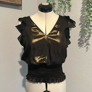 NINE WEST Metallic Shimmer Dark Black Gold V-Neck Flutter Blouse Shine